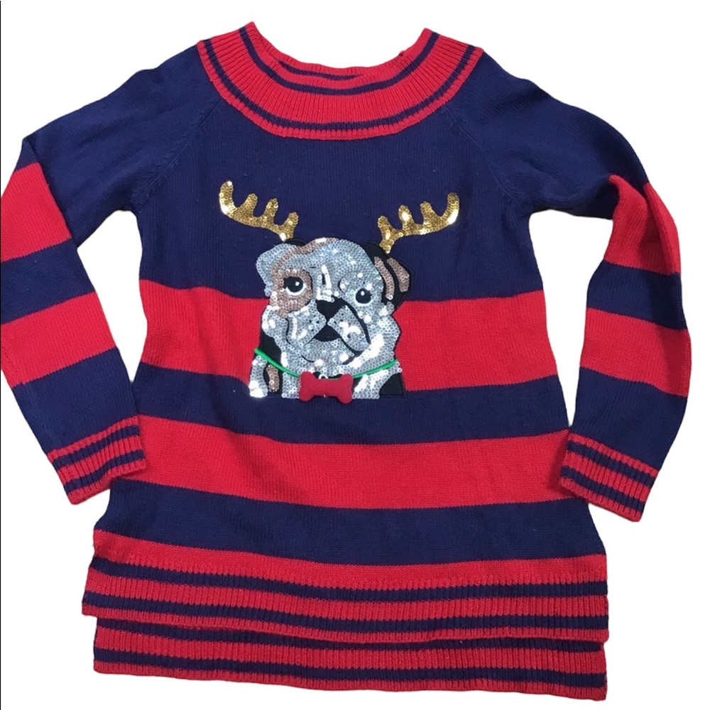 Holiday Time Pug Reindeer Dog Face Sequin  Appliqué Stripe Christmas Sweater S‎